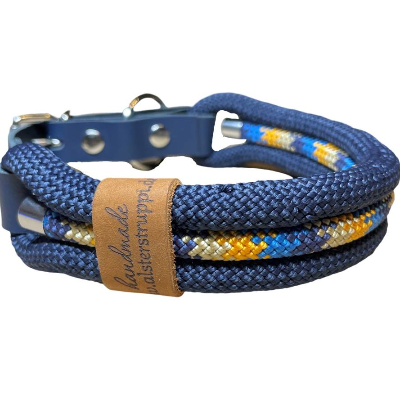 Hundehalsband, verstellbar, marineblau, türkis, orange, beige, Leder und Schnalle