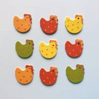 Holzstreuteile Hühner gepunktet, 9-teilig, orange, rot, gelb, grün, Dekostreu Huhn 3 cm x 3 cm Bild 1