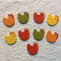 Holzstreuteile Hühner gepunktet, 9-teilig, orange, rot, gelb, grün, Dekostreu Huhn 3 cm x 3 cm Bild 2
