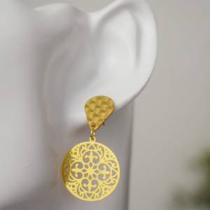 Mandala Ohrstecker Gold, Ornament Ohrringe hängende, filigrane Boho Ohrringe tropfen, Hängeohrringe rund, vergoldete Ede Bild 2