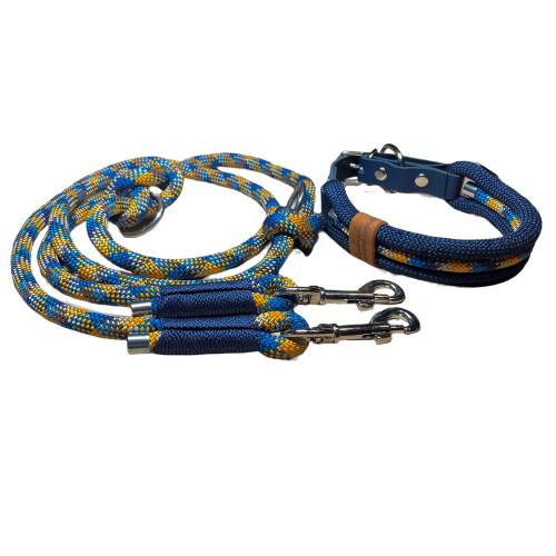 Hundeleine und Halsband Set, beides verstellbar, marineblau, türkis, orange, beige, Leder und Schnalle, 10 mm