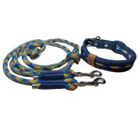 Hundeleine und Halsband Set, beides verstellbar, marineblau, türkis, orange, beige, Leder und Schnalle, 10 mm Bild 1