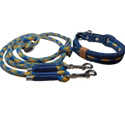 Hundeleine und Halsband Set, beides verstellbar, marineblau, türkis, orange, beige, Leder und Schnalle, 10 mm
