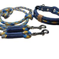 Hundeleine und Halsband Set, beides verstellbar, marineblau, türkis, orange, beige, Leder und Schnalle, 10 mm Bild 2