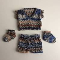 Teddyanzug mit Socken für Größe ca. 26 cm - 28 cm, handgestrickt,4-teilig, Pulli, Hose, Socken, blau/beige gemustert Bild 5