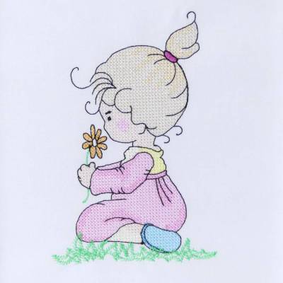 CrossStitch "Kleines Mädchen mit Blume" für Rahmen 13x18cm, Redwork, Kreuzstichmuster