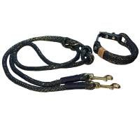Hundeleine und Halsband Set, beides verstellbar, schwarz, gold, Leder und Schnalle, 10 mm Stärke Bild 1