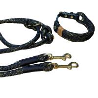 Hundeleine und Halsband Set, beides verstellbar, schwarz, gold, Leder und Schnalle, 10 mm Stärke Bild 2