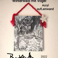 Acryl Gemälde "Winterwald mit Vogel" handsigniert Bild 1