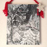 Acryl Gemälde "Winterwald mit Vogel" handsigniert Bild 2