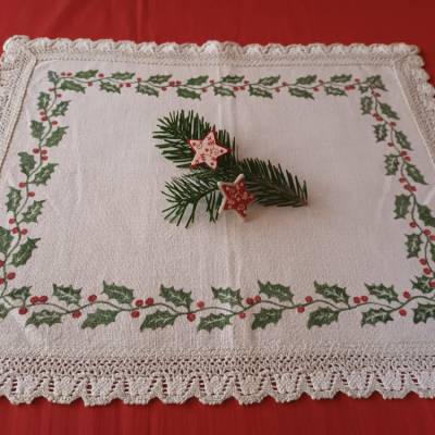 Schönes Weihnachtsdeckchen, Set. Handbedrucktes Leinen mit Sitze.