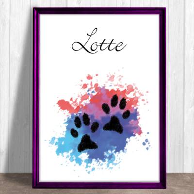 Pfotenabdruck Poster | mit Pfotenabdruck und Name deines Hundes - türkis lila pink, Farbklecks bunt - Digitaldruck