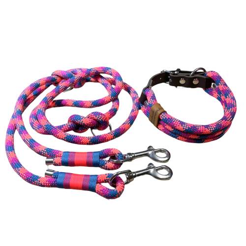 Hundeleine und Halsband Set, beides verstellbar, petrol, dunkelpink, koralle, Leder und Schnalle, 10 mm Stärke
