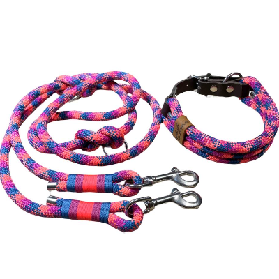 Hundeleine und Halsband Set, beides verstellbar, petrol, dunkelpink, koralle, Leder und Schnalle, 10 mm Stärke