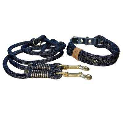 Hundeleine und Halsband Set, beides verstellbar, schwarz, gold, Leder und Schnalle, 10 mm Stärke