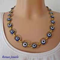 Perlenkette kurz Türkisches Auge Nazar blau weiß goldfarben Collier Statementkette Kette kurz Handgefertigt Bild 1