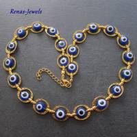 Perlenkette kurz Türkisches Auge Nazar blau weiß goldfarben Collier Statementkette Kette kurz Handgefertigt Bild 2