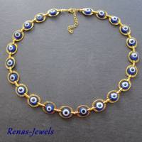 Perlenkette kurz Türkisches Auge Nazar blau weiß goldfarben Collier Statementkette Kette kurz Handgefertigt Bild 4