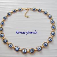 Perlenkette kurz Türkisches Auge Nazar blau weiß goldfarben Collier Statementkette Kette kurz Handgefertigt Bild 5