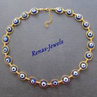 Perlenkette kurz Türkisches Auge Nazar blau weiß goldfarben Collier Statementkette Kette kurz Handgefertigt Bild 7
