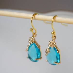 Tropfen Ohrhänger Gold, Viktorianische Ohrringe, Blau Gold, Kristall Glas Ohrringe, Brautschmuck, Unikat hängende Ohrrin Bild 1