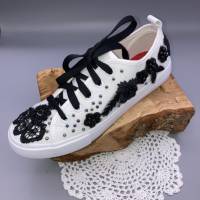 Gr.37 Creme Sneaker mit schwarzer Spitze und Steinchen Bild 3