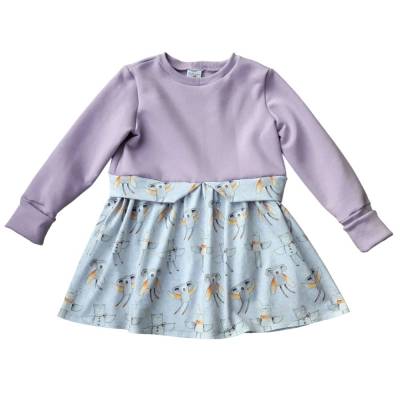 Girly Sweater/Winter mit Schößchen - Mädchenkleid - Größe 128- Flugwesen flieder weiß