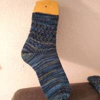 handgestrickte Socken, Größe 42 - 45, 6-fach Sockenwolle, blau, Minecraftmuster, warme Strümpfe Bild 5