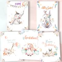 Geburtstagskarten Kinder, 20x Glückwunschkarten zum Geburtstag Kinder, Happy Birthday Karten Set, Aquarell Tiere Bild 3
