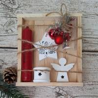 "Weihnachten to Go" Geschenkset in Holzbox ~ Stabkerze mit Kerzenständer und Deko ~ Engel ~ Anhänger Stern