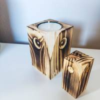 Eulen Teelichthalter aus Holz | Eulen Dekoration bestehend aus 2 Eulen | Holzdekoration für Kerzen aus Massivholz Bild 6