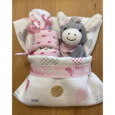 Windeltorte mit Esel und Windelbaby, Babygeschenk Mädchen, kreatives Geschenk zur Geburt, personalisiert