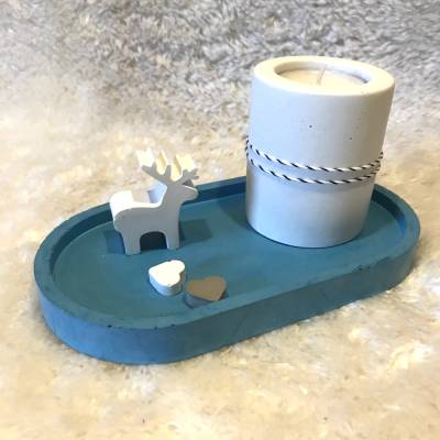 Stylisches Dekotablett, oval aus Beton in blau, puristisch, 18 cm