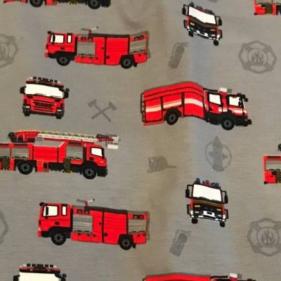 Jersey mit Feuerwehr * Feuerwehrfahrzeuge und Feuerwehrsymbole * Grundfarbe ist GRAU* 1,00 x 1,45 m