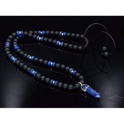 Herren Halskette aus Edelsteinen Lapis Lazuli Onyx und Hämatit mit Amethyst-Anhänger, Länge 61 cm