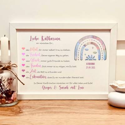 Personalisiertes Geldgeschenk zur Konfirmation für Mädchen – Erinnerungsrahmen mit Regenbogen & Herzenswünschen