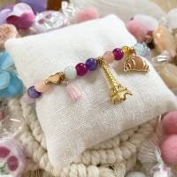 Frühlings-Herz - Perlen-Armband mit bunter Jade, Herz, Eiffelturm, Croissant und Quaste Bild 1