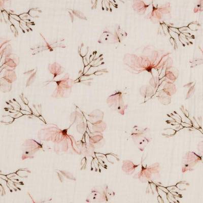 Musselin Double Gauze Blumen Schmetterling Libellen natur-rose Oeko-Tex Standard 100 (1m/12,00 €)