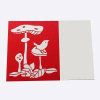 Postkarte handgemacht A5 mit Pilzen und Vogelmotiv in Rot-Weiß Bild 1