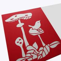 Postkarte handgemacht A5 mit Pilzen und Vogelmotiv in Rot-Weiß Bild 2