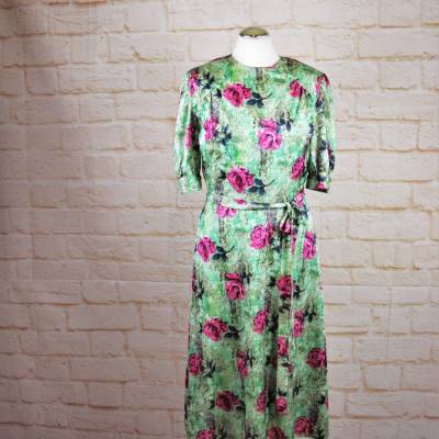 True Vintage 50er Tageskleid Damen Kleid Größe S 36 Sommerkleid Grün Rosen Garten