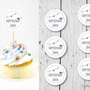 Set 6 Cupcake Topper Flags Muffindeko Happy Birthday mit individuellem Namen blau personalisiert Bild 1