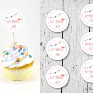 Set 6 Cupcake Topper Flags Muffindeko Happy Birthday mit individuellem Namen blau personalisiert Bild 2