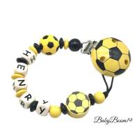Schnullerkette mit Namen Junge Mädchen Fußball Dortmund schwarz gelb Baby Geschenk Geburt Taufe Babyparty Bild 1