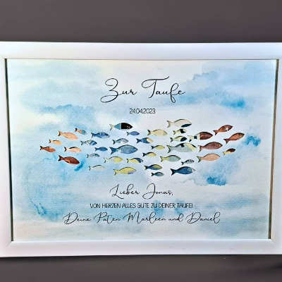 Taufgeschenk personalisiert Namen & Datum - Geldgeschenk zur Taufe für Mädchen und Jungen - Bilderrahmen Fische