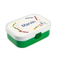 Brotdose Mepal mit Namen, Lunchbox & Trinkflasche für Jungen mit Obsteinsatz und Gabel, Motiv Stifte Bild 1