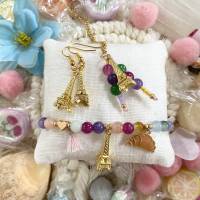 Zuckerwatte - Goldfarbene Halskette mit bunter Jade, Rocailles und Eiffelturm Bild 4