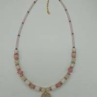 Perlen-Halskette in rosa-gold mit Herzanhänger und Natursteinperlen, 43 cm lang mit Verlängerungskette Bild 2