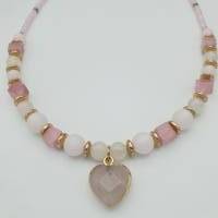 Perlen-Halskette in rosa-gold mit Herzanhänger und Natursteinperlen, 43 cm lang mit Verlängerungskette Bild 3