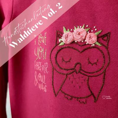 Handstickanleitung "Waldtiere Vol. 2" mit Eule, Eichhörnchen und Igel sowie Schriftzügen in 3 Größen